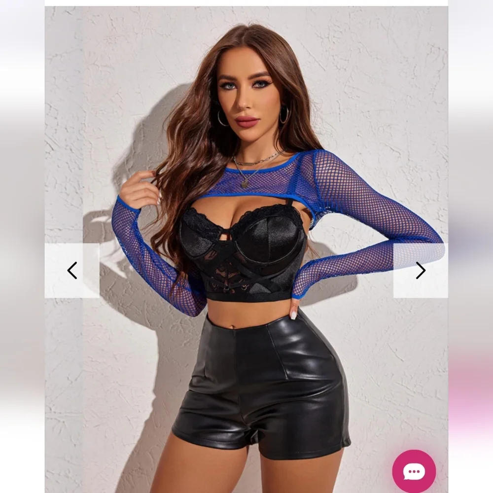 Avidlove Women Fishnet Long Sleeve Crop See Through Shirt Sheer Top Without BRA - Picture 2 of 4